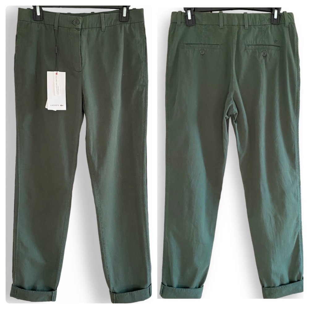 NWT Lacoste Cotton Flat Front Pants Unique Inset Side Seam Forester Green Sz 6